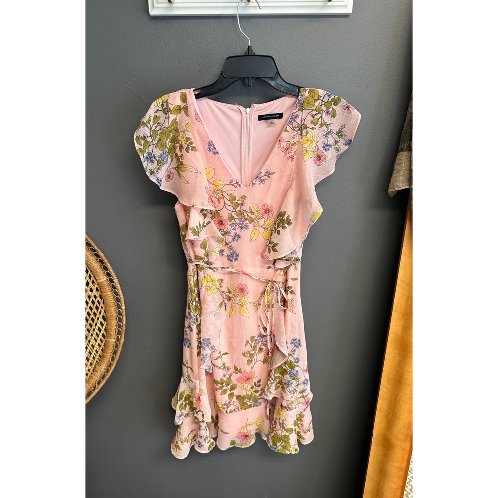 Tommy Hilfiger Dress Size 6 Floral Chiffon Pink Ruffle Wedding Feminine Romantic